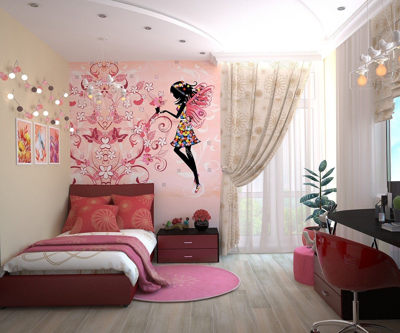 Imagem mostra um quarto infantil feminino.