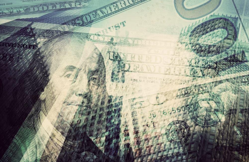 ilustração com nota de dólar e prédios ao fundo