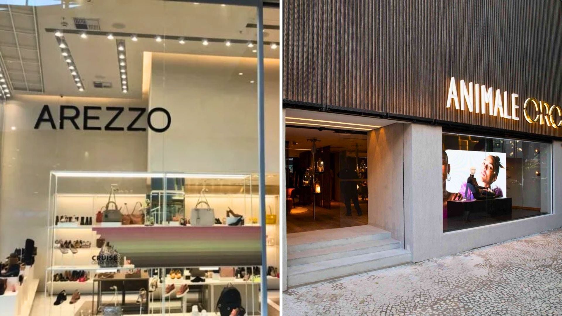 Fachadas das lojas Arezzo e Animale, do Grupo Soma