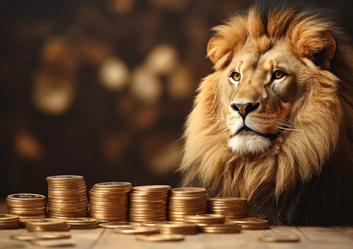 IR dos investimentos: foto de leão e pilhas de moedas