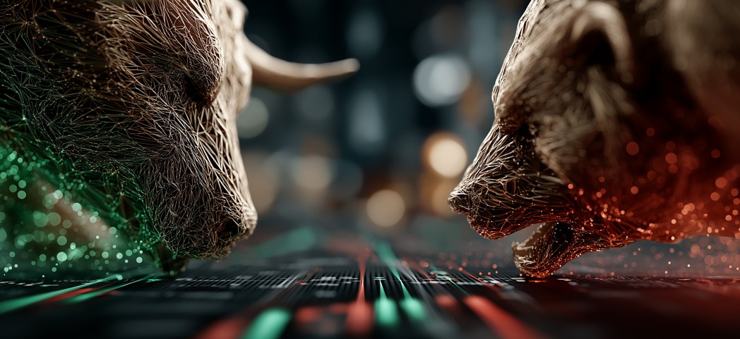 retornos da bolsa em 2025: imagem de touro e urso se encarando, representando altas e baixas