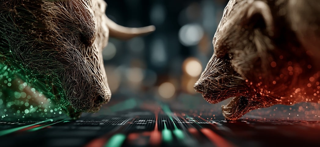 retornos da bolsa em 2025: imagem de touro e urso se encarando, representando altas e baixas