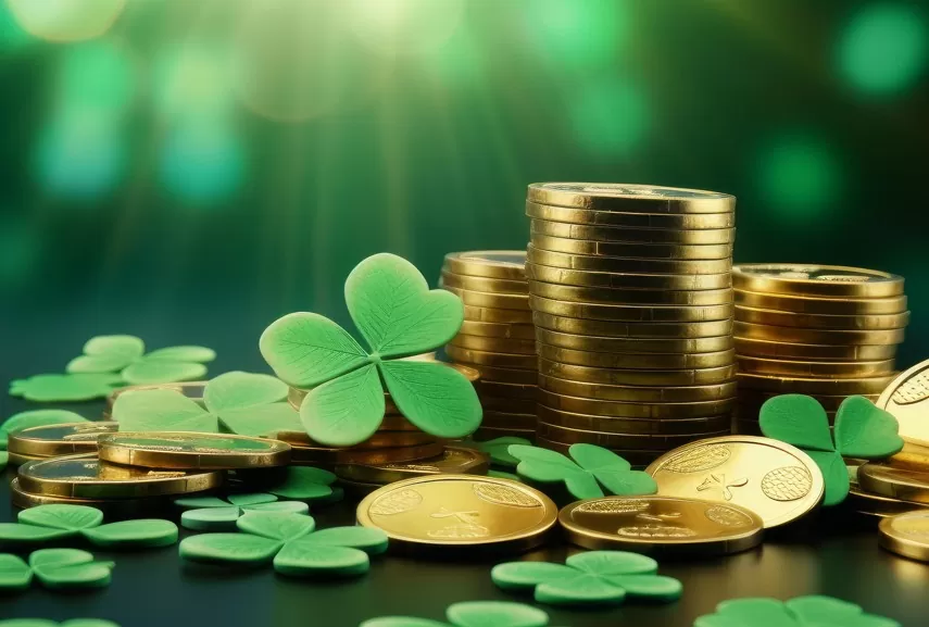 vale investir em ETF irlandês? imagem de pilhas de moedas e trevos de quatro folhas, símbolos da Irlanda