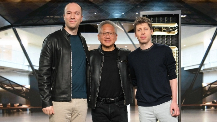 Nvidia e OpenAI: Jensen Huang ao lado de Sam Altman e Greg Brockman, CEO da OpenAI