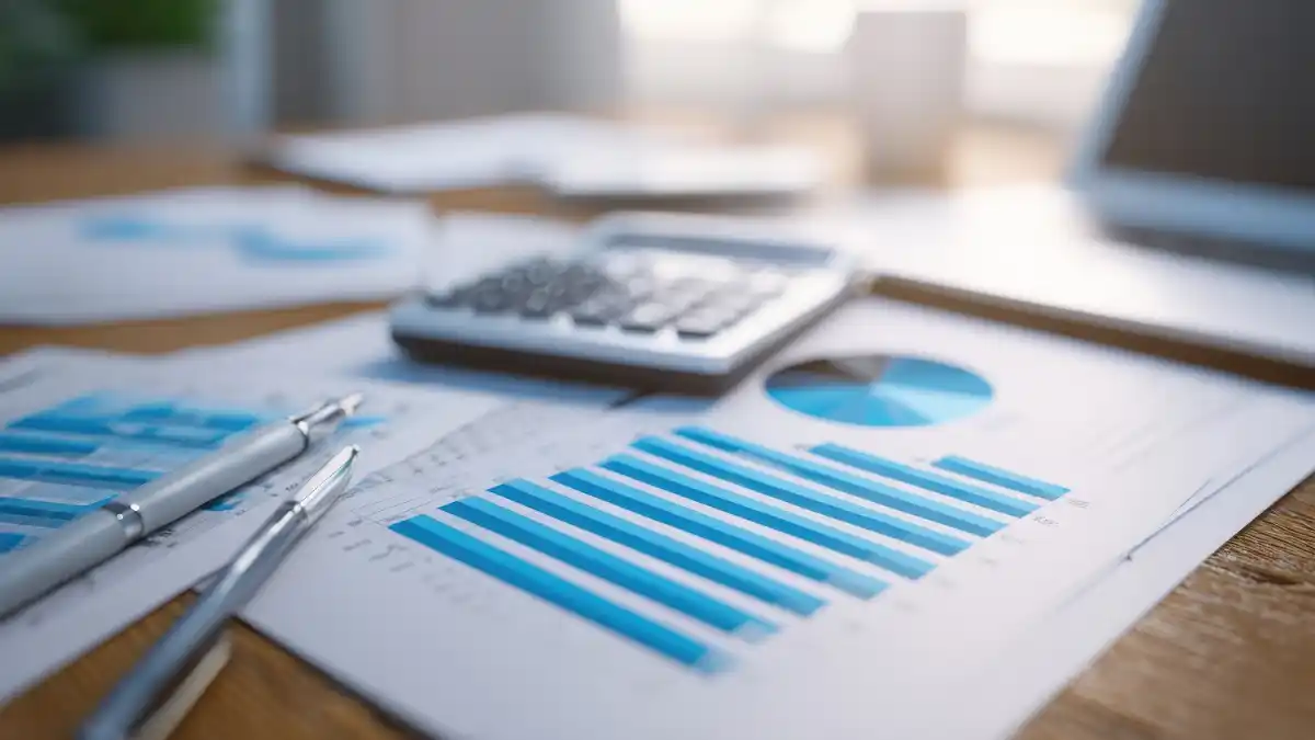 Gráficos e planilhas financeiras (em azul) sobre uma mesa, com uma calculadora e canetas, simbolizando a análise dos resultados de balanços.