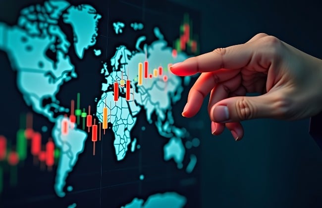 Mão aponta no mapa com gráfico: investindo no exterior