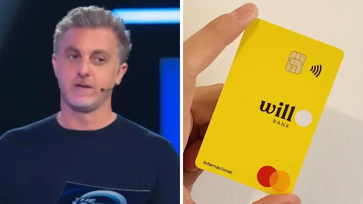 Colagem com o apresentador de TV Luciano Huck e o cartão de crédito amarelo do Will Bank em close-up, simbolizando a negociação de compra da fintech.