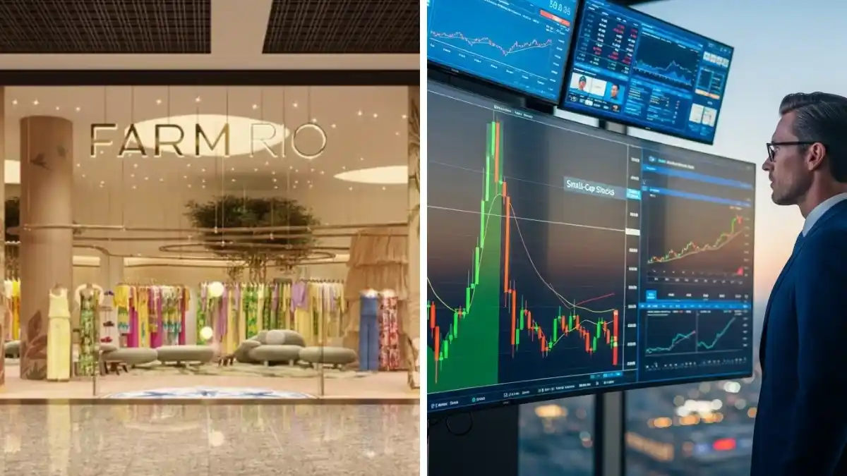 Colagem mostrando a fachada de uma loja Farm Rio (Azzas) e um analista olhando gráficos de investimento, simbolizando a estratégia de Buy and Hold.