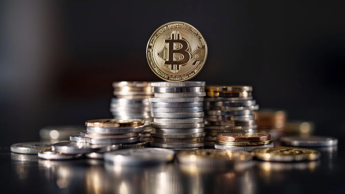 Uma moeda de Bitcoin em destaque no topo de uma pilha de moedas, simbolizando o crescimento dos investimentos em ativos digitais em Santa Catarina.