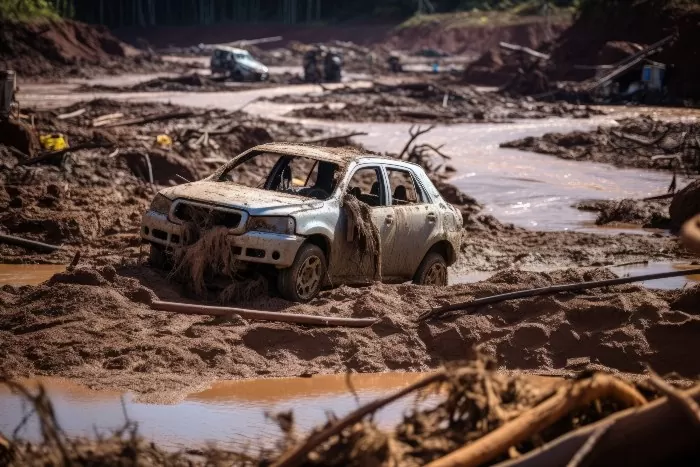 Destruição da barragem em Mariana, reproduzida em IA