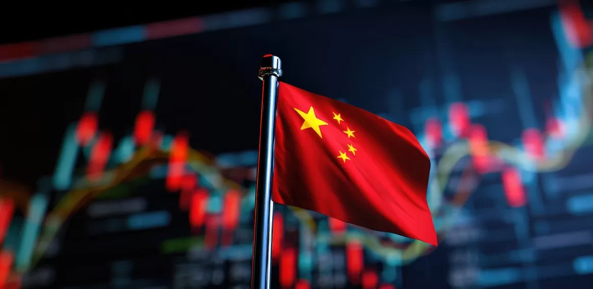 bull market chinês: imagem de bandeira da China na frente de gráfico de investimentos