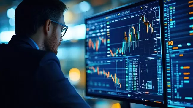 Assessor de investimento CPA-20 observa a tela