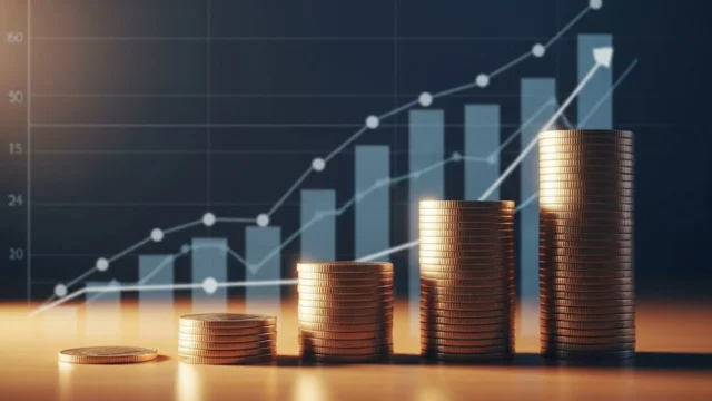 Gráfico de linha ascendente com pilhas de moedas de ouro ao fundo, simbolizando a rentabilidade das ações com dividendos (Índice IDIV) que renderam 4x o Ibovespa na queda da Selic.