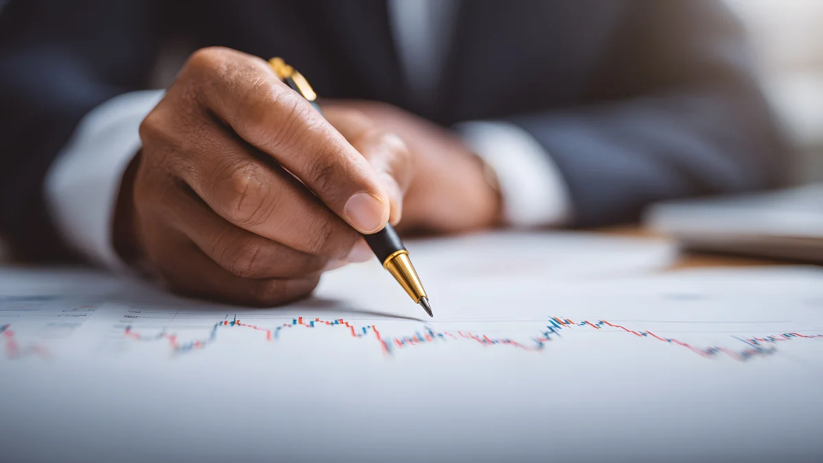 Mão de um executivo apontando com uma caneta para um gráfico de rentabilidade, simbolizando o corte de risco na Carteira de Renda Fixa pela EQI Research após a alta dos títulos longos.