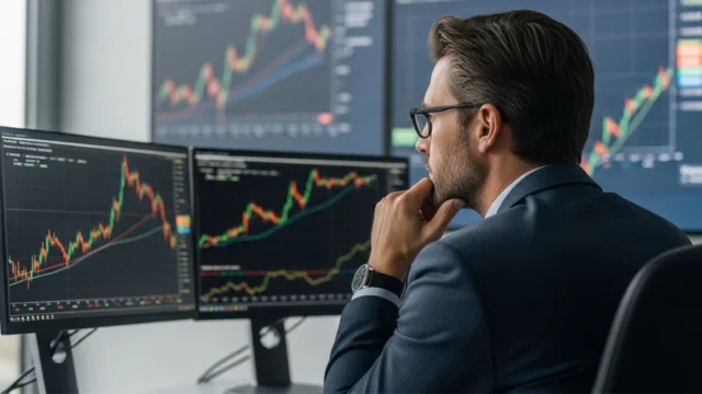 Analista financeiro em frente a gráficos de mercado, simbolizando a expectativa pela Super Quarta e a importância do recado do Fed e do Copom para 2026.