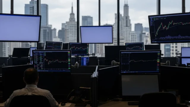 Sala de negociações (trading room) com diversas telas de monitoramento financeiro e gráficos, representando a tendência de empresas que saíram da bolsa por meio de processos de OPA.