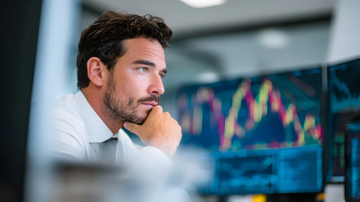 Analista financeiro concentrado em frente a monitores exibindo gráficos de mercado, simbolizando a recuperação da credibilidade do Banco Central (BC) que antecipa cortes na Selic e melhora os ganhos da renda fixa.