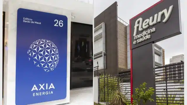 Montagem lado a lado mostrando as fachadas e logotipos da Axia Energia e da Fleury Medicina e Saúde, simbolizando o rebalanceamento de uma carteira de dividendos para 2026.