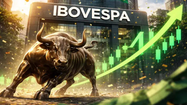 Bull market em frente a uma representação do prédio do Ibovespa, em imagem de IA