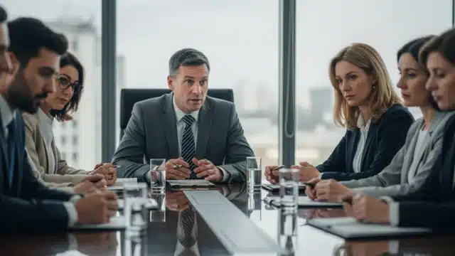 Executivos em uma sala de reuniões moderna com painéis de dados financeiros ao fundo, representando a liderança estratégica e os CEOs financeiros navegando pelos desafios de 2026.