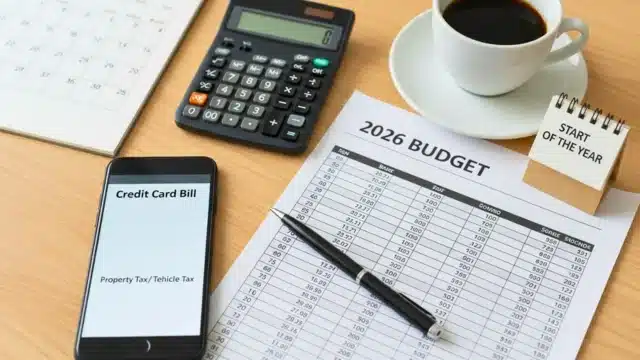 Representação visual de documentos financeiros e uma calculadora, simbolizando a sanção da Lei Orçamentária Anual (LOA) e o planejamento do Orçamento 2026 no Brasil.