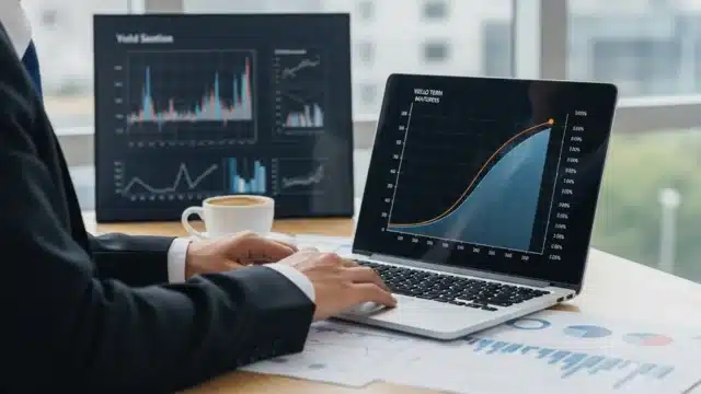 Tablet exibindo gráficos de barras ascendentes e indicadores financeiros sobre uma mesa de escritório, representando a estratégia de alocação em renda fixa e a busca por rentabilidade no Brasil em 2026.