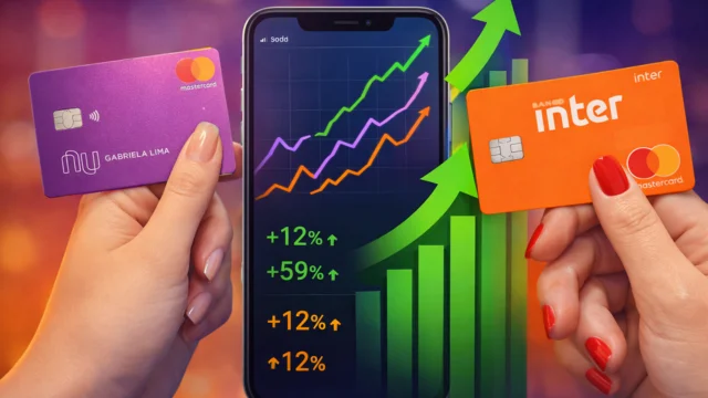 Duas mãos segurando cartões de crédito dos bancos digitais Nubank (roxo) e Banco Inter (laranja) ao lado de um smartphone exibindo gráficos de crescimento, representando o setor de neobanco nubank inter.