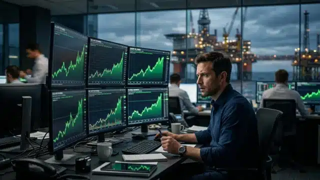 Vista lateral de um investidor sênior focado, analisando múltiplos monitores que exibem gráficos de alta (linhas verdes) em um escritório moderno. Ao fundo, através de uma grande janela, vê-se uma plataforma de petróleo operando no mar ao anoitecer, simbolizando o impacto do petróleo us$ 105 no mercado.