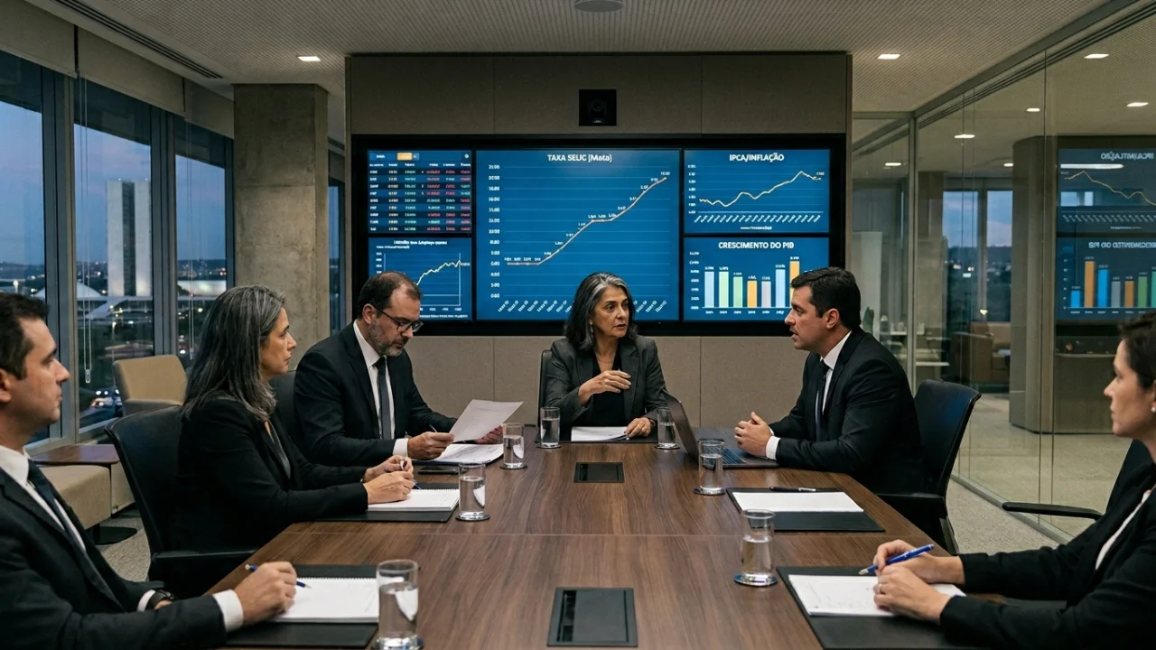 Uma sala de reuniões executiva com seis diretores em trajes formais sentados em torno de uma mesa de madeira. Ao fundo, painéis digitais exibem gráficos da "TAXA SELIC (Meta)" em alta, "IPCA/INFLAÇÃO" e "CRESCIMENTO DO PIB". Através da janela, observa-se o Palácio do Congresso Nacional em Brasília ao anoitecer.
