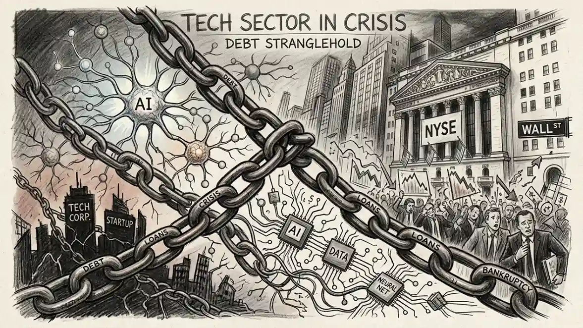 Ilustração detalhada em tons de cinza intitulada "Tech Sector in Crisis: Debt Stranglehold". Grandes correntes com as palavras "DEBT", "CRISIS" e "LOANS" prendem ícones de IA, chips e redes neurais. À direita, investidores desesperados em frente à Bolsa de Valores de Nova York (NYSE) e uma placa de Wall St, com setas de queda e a palavra "BANKRUPTCY". À esquerda, prédios de "TECH CORP" e "STARTUP" em ruínas.