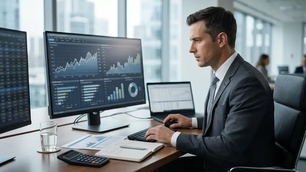 Homem de terno cinza sentado em um escritório moderno, operando um computador com dois monitores que exibem gráficos de barras e setores sobre performance de ações e dividendos.