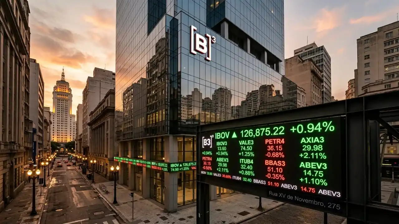 Vista externa do edifício sede da B3 em São Paulo durante o entardecer. Em destaque, um grande painel eletrônico exibe as cotações do dia, com o índice Ibovespa (IBOV) em destaque a 126.875 pontos (+0,94%) e tickers de ações como VALE3, PETR4, AXIA3 e ITUB4. A arquitetura clássica e moderna da Rua XV de Novembro compõe o cenário urbano ao fundo.