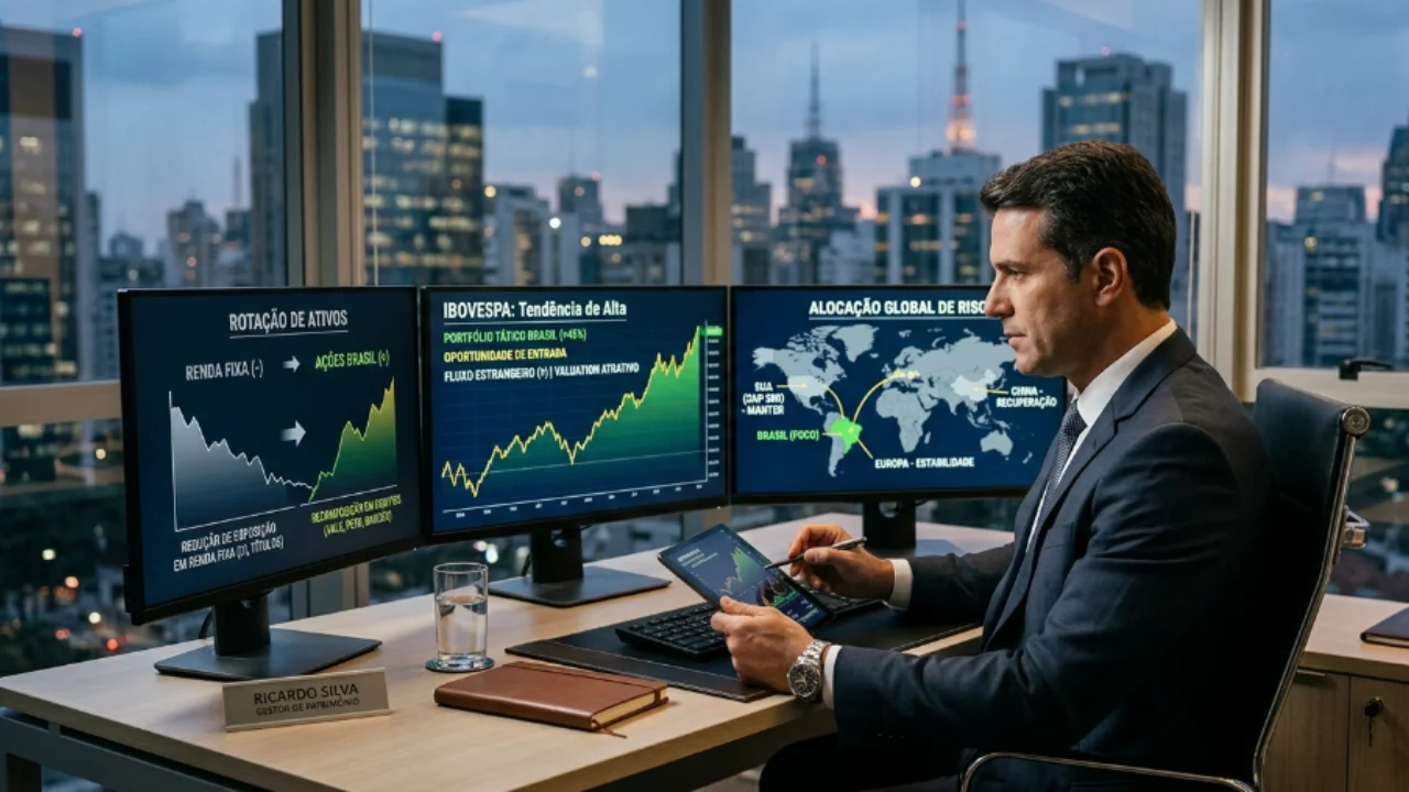 Vista de cima de uma mesa de escritório luxuosa. Um investidor, vestindo terno e um relógio de pulso prateado, segura uma caneta tinteiro sobre um tablet que exibe um gráfico de barras coloridas em ascensão e a inscrição "PORTFOLIO PERFORMANCE". Ao redor do tablet, há um teclado de notebook, um smartphone mostrando cotações de câmbio, um cartão de crédito preto e um passaporte sobre notas de dólar e euro. A composição simboliza a mobilidade e a sofisticação do investimento internacional.