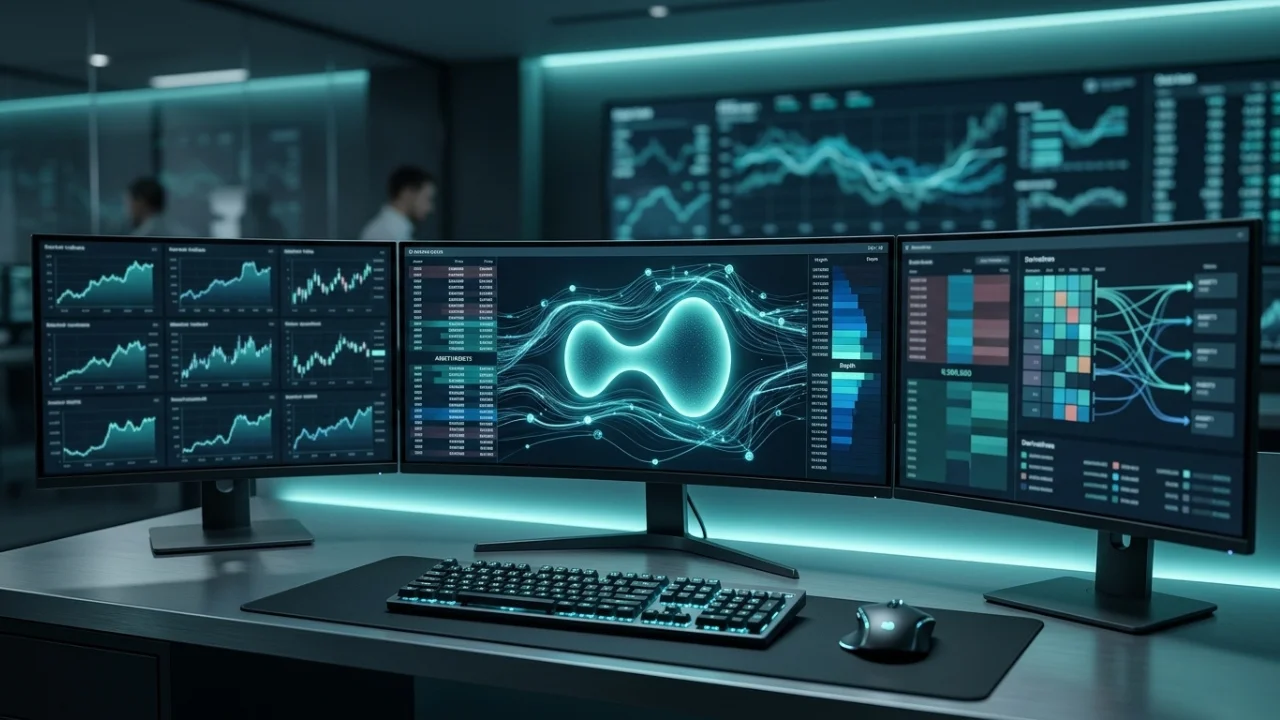 Estação de trading profissional em ambiente futurista com iluminação neon ciano. Três monitores ultra-wide exibem a plataforma Hyperliquid com gráficos de profundidade de mercado, ordens em tempo real e visualizações de dados complexos em tons de azul e turquesa. No centro, uma representação gráfica fluida simboliza a liquidez da rede. Teclado mecânico e mouse gamer completam o setup de alta performance.
