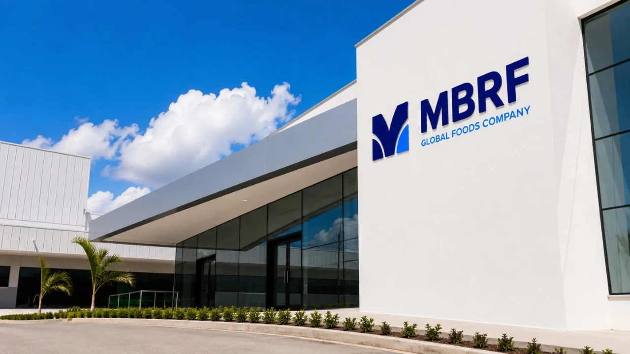 Fachada de um edifício corporativo moderno e branco da MBRF Global Foods Company. O logotipo azul da MBRF está em destaque na parede lateral direita. A entrada possui grandes painéis de vidro escuro sob uma cobertura cinza metálica. O céu está azul limpo com poucas nuvens, e há um jardim baixo e palmeiras decorativas na frente.