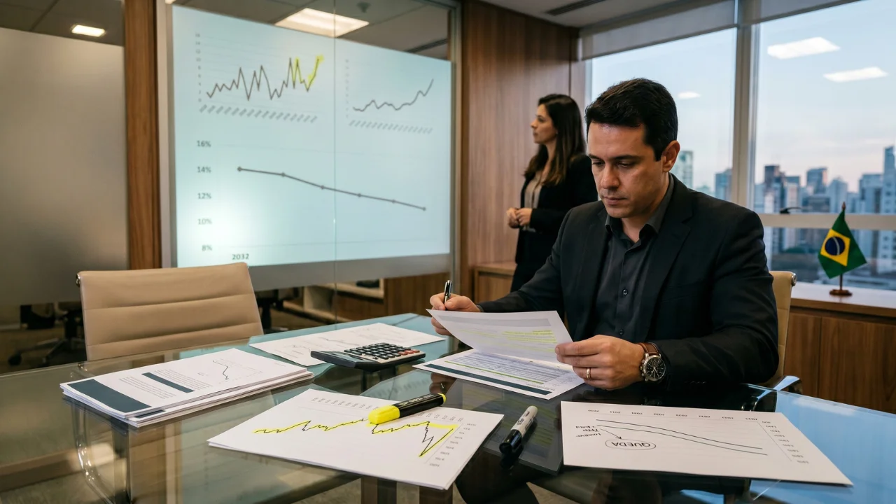Uma mesa de escritório moderna com foco em um tablet que exibe um gráfico de barras coloridas e a palavra "TREASURY" no topo. Ao lado, há um smartphone mostrando cotações em tempo real, uma caneta luxuosa, um relógio de pulso prateado e uma xícara de café. Ao fundo, através de uma janela, vê-se o horizonte de uma cidade com prédios comerciais sob uma luz suave de fim de tarde.