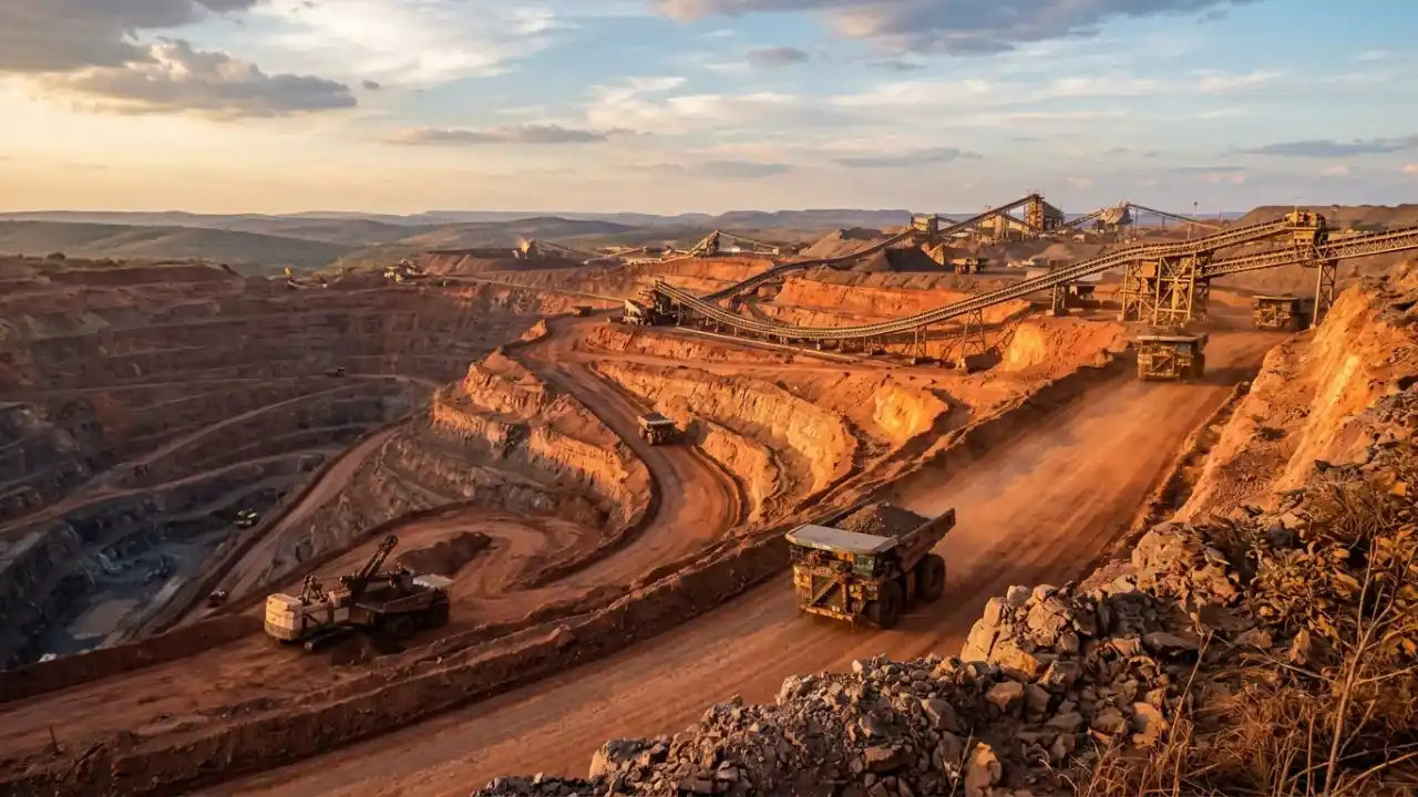 Vista panorâmica em ângulo aberto de uma grande mina de ferro a céu aberto da Vale durante o entardecer. Caminhões fora de estrada gigantes se deslocam por estradas de terra avermelhada, enquanto esteiras transportadoras e escavadeiras movimentam o minério de ferro. Ao fundo, montanhas e um céu com nuvens sob a luz dourada do sol nascente.