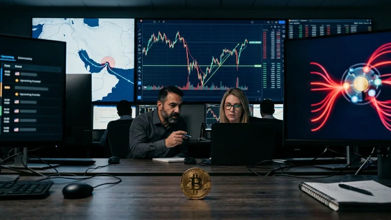 Em primeiro plano, uma moeda física dourada de Bitcoin está posicionada verticalmente sobre uma mesa de escritório escura. No plano médio, uma analista de óculos e um homem de barba analisam dados em um notebook. Ao fundo, uma grande central de telas exibe gráficos financeiros de linha e de velas (candlesticks) com alta volatilidade, além de um mapa do Oriente Médio focando o Estreito de Ormuz. Outros operadores trabalham ao fundo da sala escura.