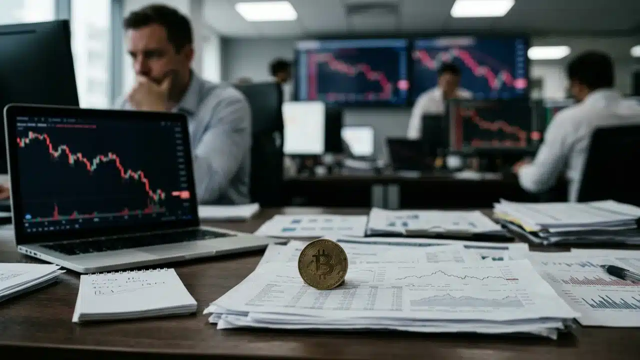 Fotografia em plano médio com foco seletivo em uma moeda metálica dourada com o símbolo do Bitcoin (BTC) em relevo, posicionada de pé sobre uma pilha de relatórios financeiros impressos com gráficos de linha e tabelas numéricas. No lado esquerdo do primeiro plano, um laptop aberto exibe em sua tela um gráfico de candle-sticks com uma linha vermelha inclinada acentuadamente para baixo. No fundo desfocado da sala de trading corporativa, um analista financeiro está sentado de perfil, apoiando o queixo na mão com uma expressão pensativa. Mais ao fundo, grandes monitores de parede exibem múltiplos painéis de negociação em tempo real com gráficos de linha descendentes na cor vermelha sobre fundo escuro.