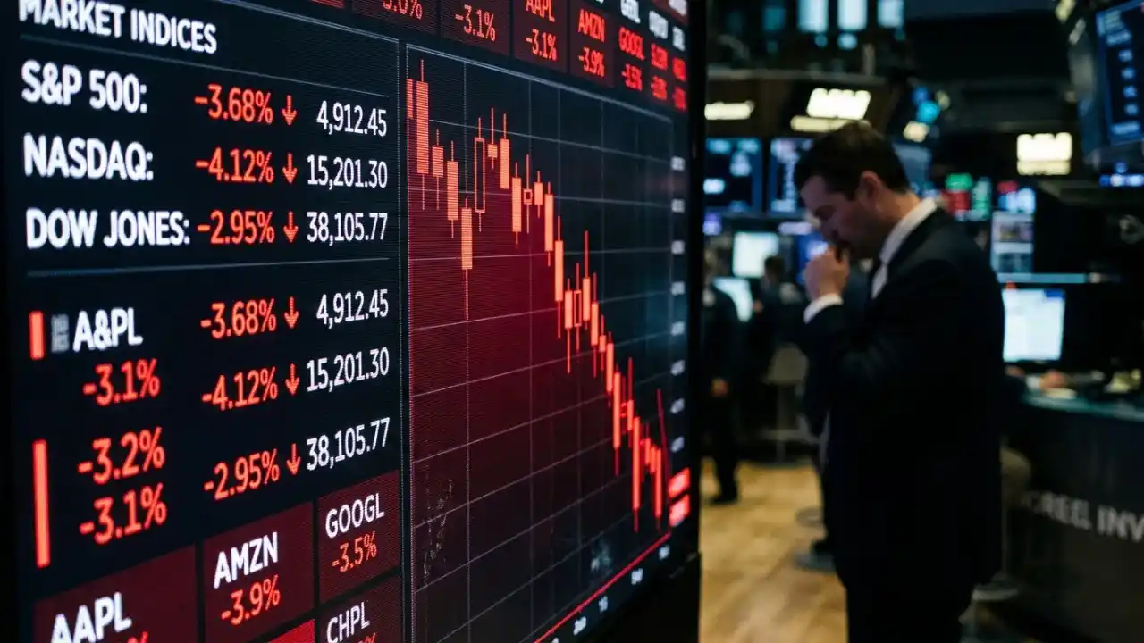 Em primeiro plano à esquerda, um grande painel eletrônico preto exibe índices de mercado ("MARKET INDICES") como S&P 500, NASDAQ e DOW JONES com fortes variações negativas destacadas em vermelho brilhante (com quedas superiores a 3% e 4%). No centro da tela, um gráfico de barras verticais e velas (candlesticks) ilustra uma queda livre acentuada. À direita, um operador de mercado de perfil vestindo terno escuro observa o monitor com expressão pensativa e preocupada, levando a mão ao rosto. O fundo da imagem mostra o ambiente dinâmico e desfocado de uma bolsa de valores.