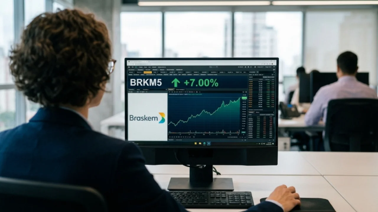 Fotografia em perspectiva por cima do ombro de um analista em um escritório corporativo iluminado. O operador observa a tela de um monitor profissional que exibe no topo o ticker "BRKM5" ao lado de uma seta verde apontada para cima com o valor "+7.00%". Abaixo da cotação, vê-se o logotipo da Braskem ao lado de um gráfico de linha verde em forte tendência de alta, além do livro de ofertas à direita. Ao fundo, outros profissionais trabalham em suas estações diante de janelas amplas.