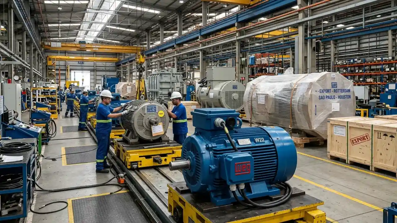 Fotografia em plano amplo do interior de uma grande fábrica industrial da WEG. Em primeiro plano à direita, destaca-se um motor elétrico azul da linha W22 montado sobre uma plataforma amarela. No centro, dois operários vestidos com uniforme azul, capacete branco e óculos de proteção realizam ajustes em um grande motor elétrico cinza. Ao fundo e à direita, observam-se pontes rolantes amareladas, estruturas metálicas de grande porte e caixas de madeira preparadas para exportação com as inscrições impressas "WEG - EXPORT - ROTTERDAM", "SAO PAULO - HOUSTON" e o selo "EXPORT".