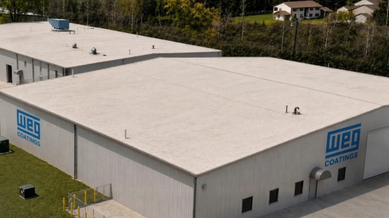 Fotografia em ângulo superior e plano geral de um moderno complexo industrial. O galpão principal possui estrutura metálica de chapas onduladas cinza-clara, telhado plano e exibe o logotipo azul da "WEG" com a palavra "COATINGS" escrita logo abaixo em azul nas duas paredes externas visíveis. Ao redor da instalação, há uma área gramada verde à esquerda com uma pequena cerca metálica de proteção sustentada por postes amarelos, além de um aparelho de ar-condicionado industrial no chão. O plano de fundo exibe uma linha densa de árvores verdes e algumas casas de condomínio sob iluminação diurna suave.
