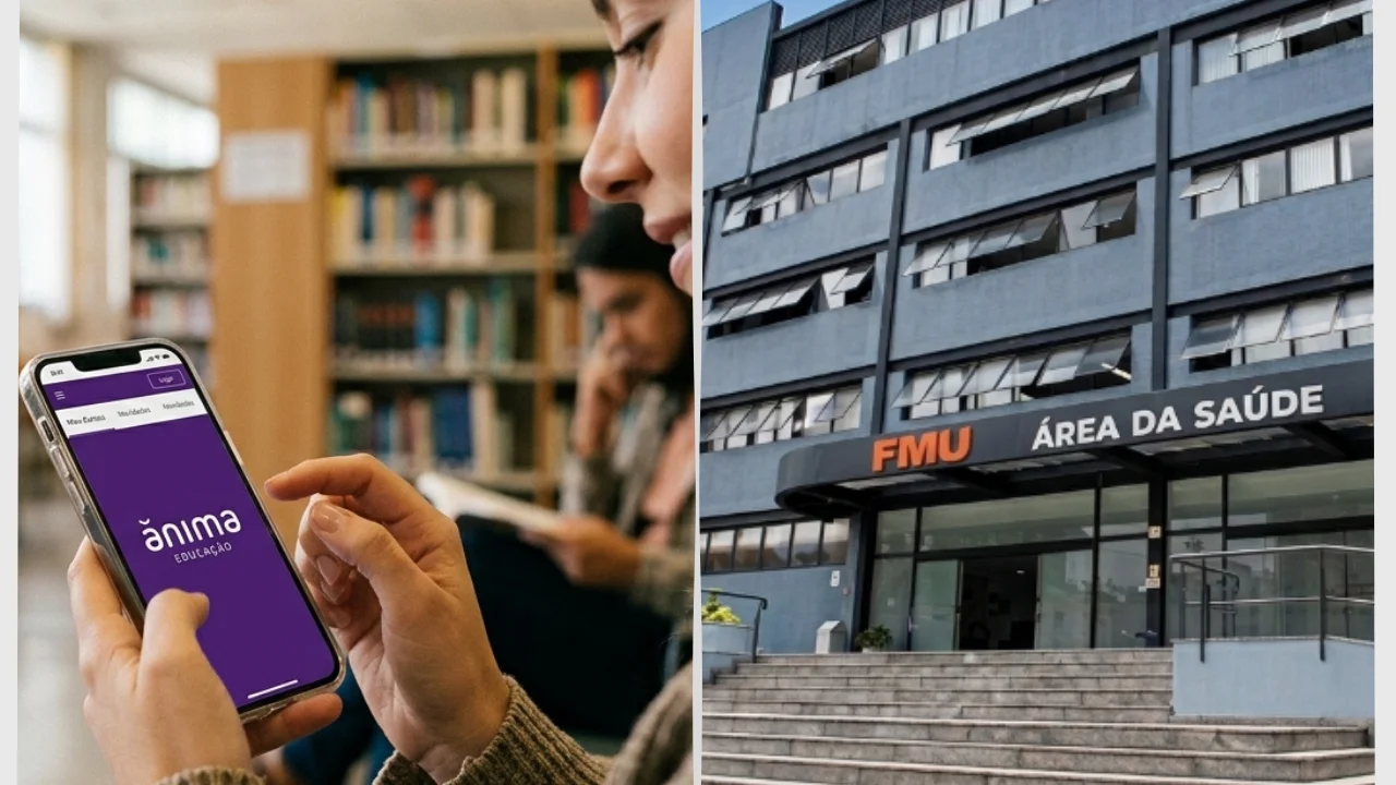 Imagem comparativa em tela dividida simetricamente ao meio. Do lado esquerdo, em plano médio e detalhado, mãos femininas seguram um smartphone que exibe o aplicativo oficial de cor roxa escura da "ânima EDUCAÇÃO" com letras brancas. Ao fundo, uma jovem estuda de forma desfocada em uma biblioteca com estantes repletas de livros. Do lado direito, exibe-se em plano geral a fachada de um prédio moderno de vários andares cinza-azulado com janelas de vidro semiabertas, pertencente às Faculdades Metropolitanas Unidas. Uma ampla escadaria de concreto cinza leva à entrada principal, encimada por uma cobertura preta com a inscrição "FMU" em letras laranjas e "ÁREA DA SAÚDE" em letras brancas.