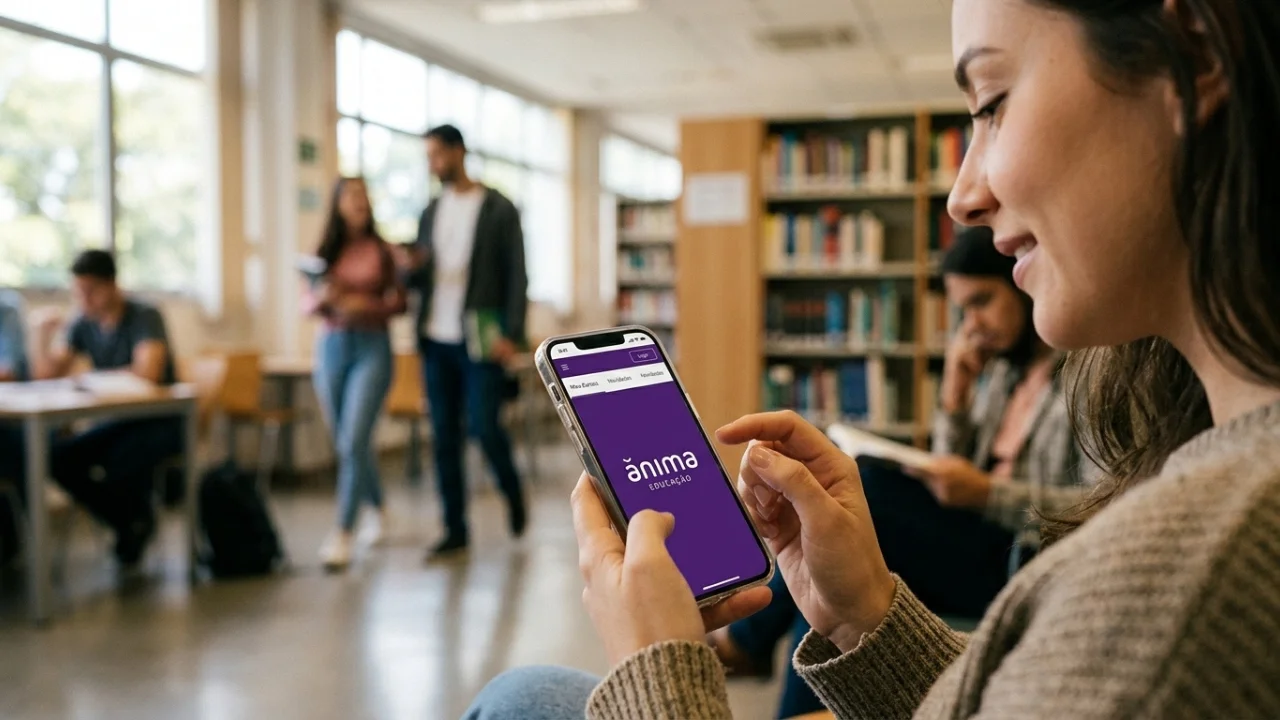 Fotografia em plano detalhado e perfil de uma jovem estudante sorrindo enquanto interage com a tela de um smartphone. O aparelho exibe a tela inicial roxa do aplicativo oficial da Ânima Educação com o logotipo em letras brancas. Ao fundo, de forma suavemente desfocada, há o ambiente de uma biblioteca universitária com estantes repletas de livros, mesas de estudo e outros estudantes conversando e caminhando.