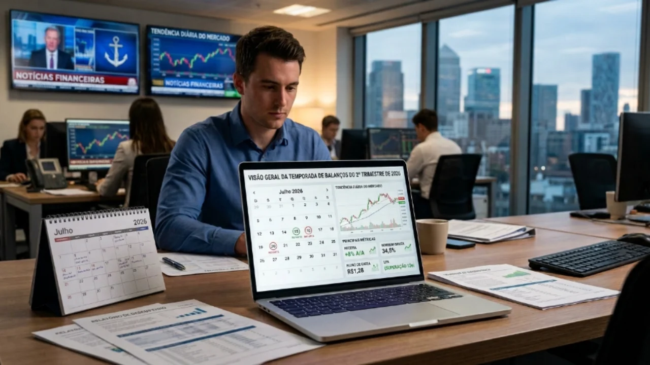 Otimização de Imagem: Mercado de Capitais e Temporada de Balanços (Calendário de Resultados 2T26) Texto Alternativo (Alt Text): Fotografia em plano médio de um analista financeiro de camisa social azul focado em seu notebook em uma mesa de escritório corporativo de madeira. A tela do laptop exibe um painel intitulado "VISÃO GERAL DA TEMPORADA DE BALANÇOS DO 2º TRIMESTRE DE 2026" com um calendário do mês de "Julho 2026" marcando datas de reportes, acompanhado de um gráfico de linhas e métricas como "RECEITA +8% A/A" e "LPA R$ 1,28". Sobre a mesa, há um calendário de mesa espiral também de Julho 2026, relatórios impressos com gráficos de barras, uma caneta e uma xícara de café. Ao fundo, em desfoque moderado, o escritório exibe outros profissionais trabalhando em suas estações e grandes monitores de TV na parede transmitindo "NOTÍCIAS FINANCEIRAS". Grandes janelas revelam prédios comerciais ao anoitecer.