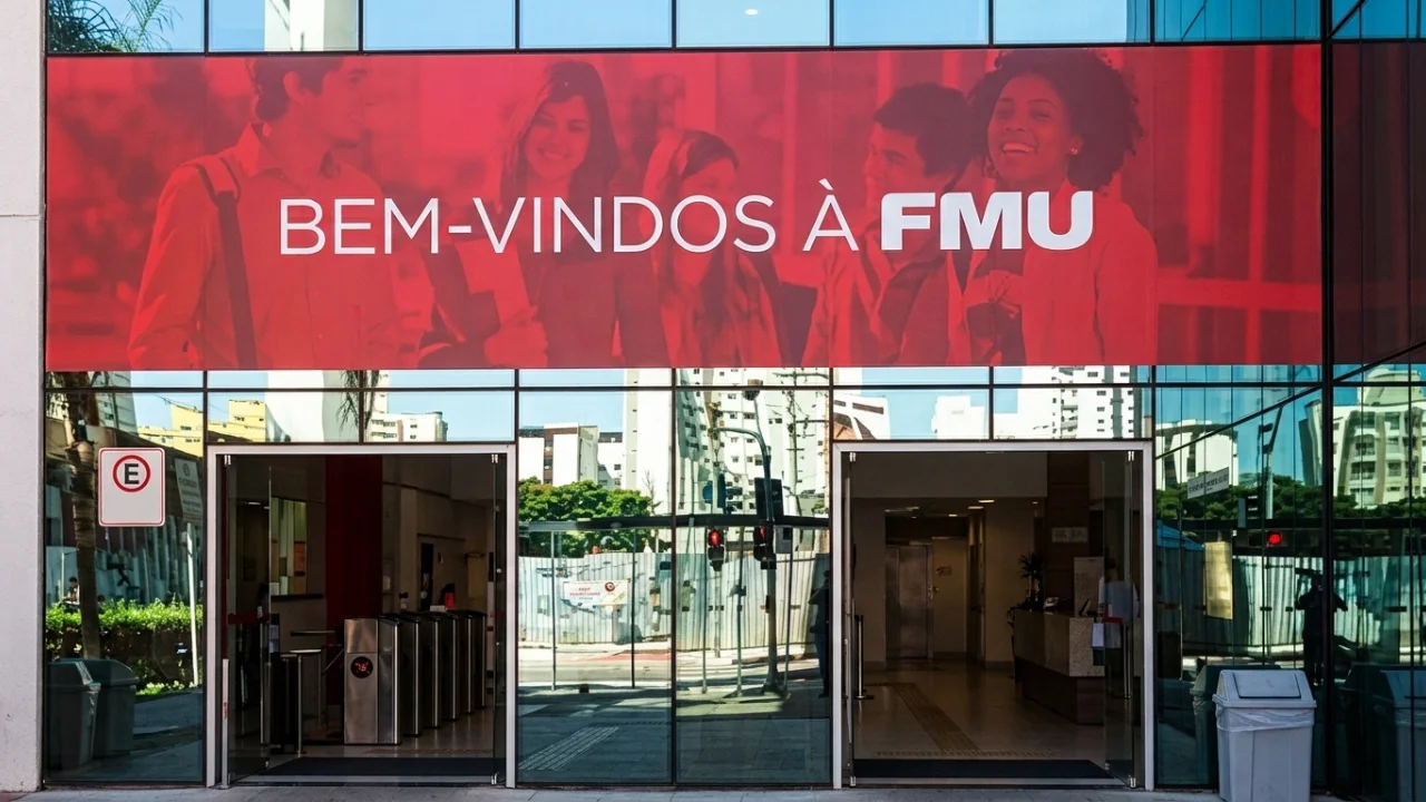 Fotografia em plano geral e iluminação diurna da fachada e entrada de uma unidade de ensino superior das Faculdades Metropolitanas Unidas (FMU). No topo da estrutura de vidro espelhado, destaca-se um grande banner horizontal vermelho com a frase de boas-vindas "BEM-VINDOS À FMU" escrita em letras brancas e grossas, acompanhada por retratos estilizados de estudantes sorridentes em tons de vermelho. Abaixo da sinalização, as portas de vidro da entrada principal estão abertas, exibindo no interior as catracas eletrônicas à esquerda e o balcão de recepção à direita. Os vidros externos da fachada refletem a paisagem urbana ao redor, incluindo prédios vizinhos, postes e uma área de obras.
