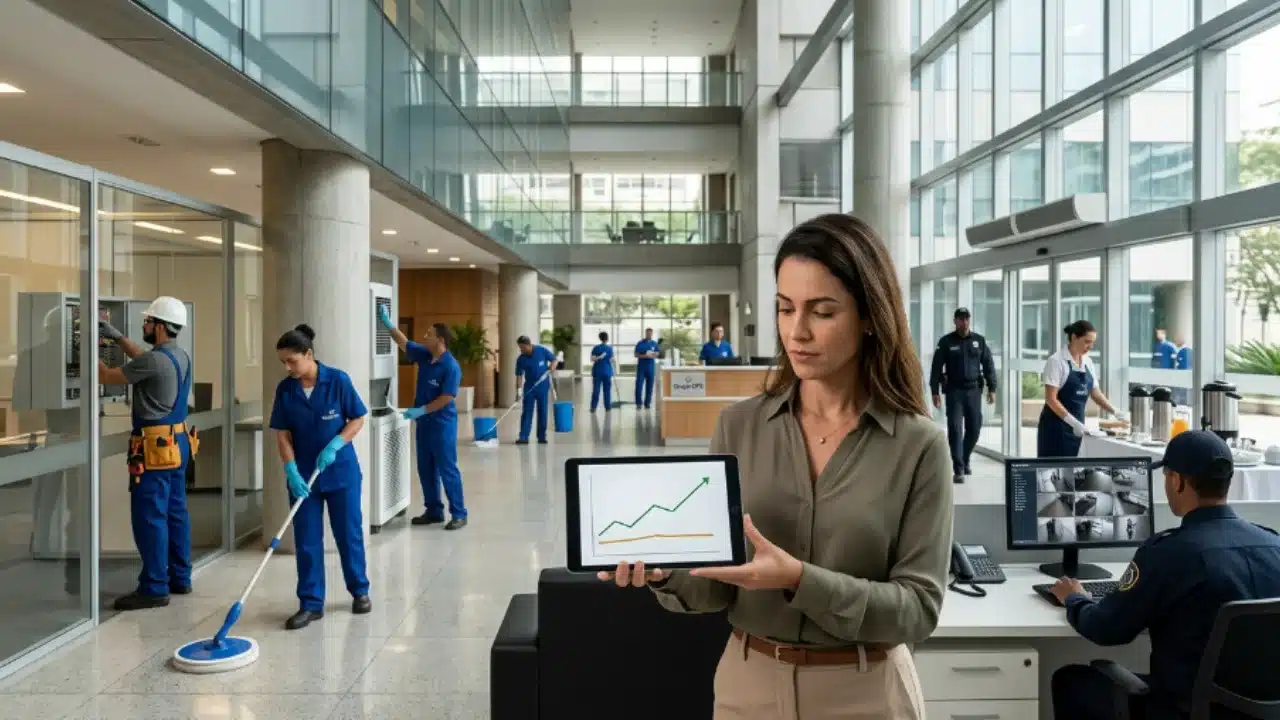 Em um saguão de edifício corporativo moderno com amplos painéis de vidro, uma executiva em primeiro plano segura um tablet exibindo um gráfico com linha verde em alta e linha laranja inferior. Ao fundo, diversos profissionais terceirizados uniformizados realizam serviços operacionais: equipe de limpeza higienizando o piso com lavadora, técnico em manutenção elétrica trabalhando em um painel aberto, profissional de climatização atendendo unidade de ar-condicionado, agente de segurança privada diante de monitores de CFTV e atendente em mesa de recepção.