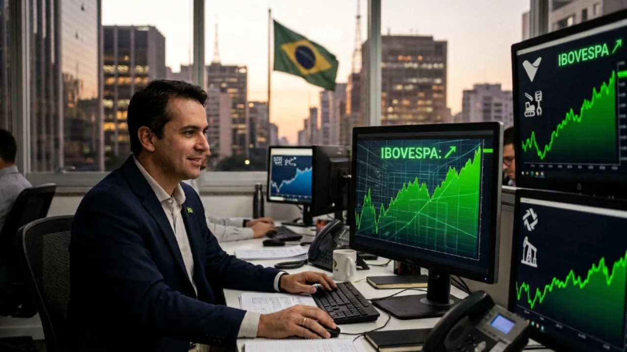 Fotografia em plano médio de um analista financeiro sorridente vestindo blazer azul-marinho e camisa social branca em sua estação de trabalho. Ele segura um mouse diante de três monitores profissionais que exibem gráficos de linha em cor verde com forte tendência de alta e a inscrição "IBOVESPA: ↗", acompanhada por ícones de máquinas industriais, escavadeira e bomba de petróleo. Ao fundo, por amplas janelas de vidro, avista-se a paisagem urbana de São Paulo com a bandeira do Brasil visível sob a iluminação do entardecer.