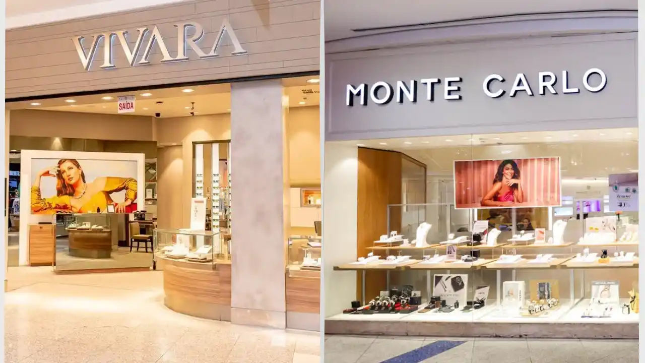 Imagem composta em plano frontal mostrando a comparação direta entre as fachadas de duas joalherias em um shopping center. À esquerda, a entrada da loja Vivara exibe o logotipo luminoso "VIVARA" sobre um pórtico bege, acompanhado de painel publicitário com a modelo Gisele Bündchen e balcões de joias de ouro. À direita, a loja Monte Carlo apresenta fachadas de vidro com o letreiro em letras caixa "MONTE CARLO" e vitrines organizadas com relógios e acessórios sofisticados.